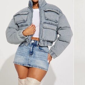 Fashion Nova Denim Puffer Jacket with Multiple Pockets Size S